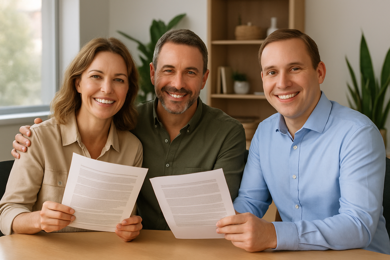 A happy young couple celebrates with their real estate agent after getting their home under contract, smiling and cheering around a table with a SOLD document, representing a successful home sale experience with a trusted agent in the Raleigh, Durham, and Chapel Hill housing market.