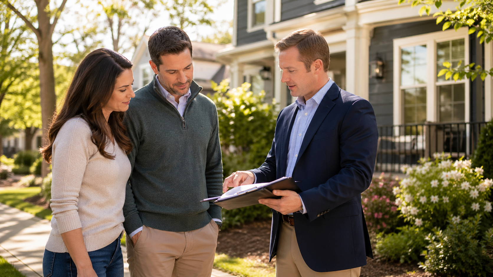 Homeowners reviewing home pricing strategy with a real estate agent outside a house in Raleigh North Carolina, representing the 2026 Triangle housing market where accurate pricing, preparation, and local expertise help sellers in Raleigh, Durham, and Chapel Hill sell faster and for top dollar.