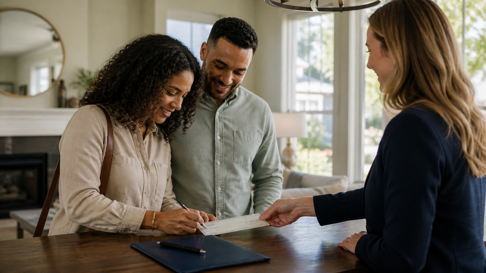 A couple writing a due diligence check to a seller with a real estate agent in a Raleigh North Carolina home, illustrating how the NC due diligence fee works for buyers in the Triangle real estate market including Durham and Chapel Hill.