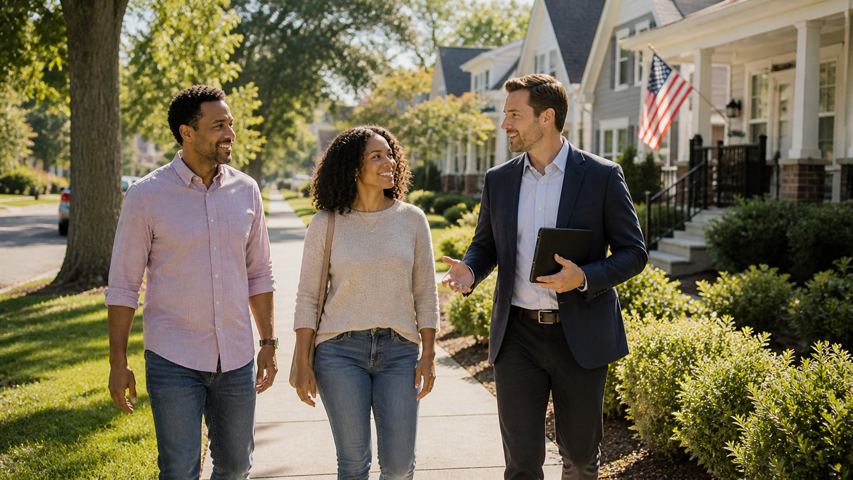 Homebuyers touring a suburban neighborhood in Raleigh North Carolina with a real estate agent, discussing selling their current home before buying their next home in the Triangle housing market in 2026.