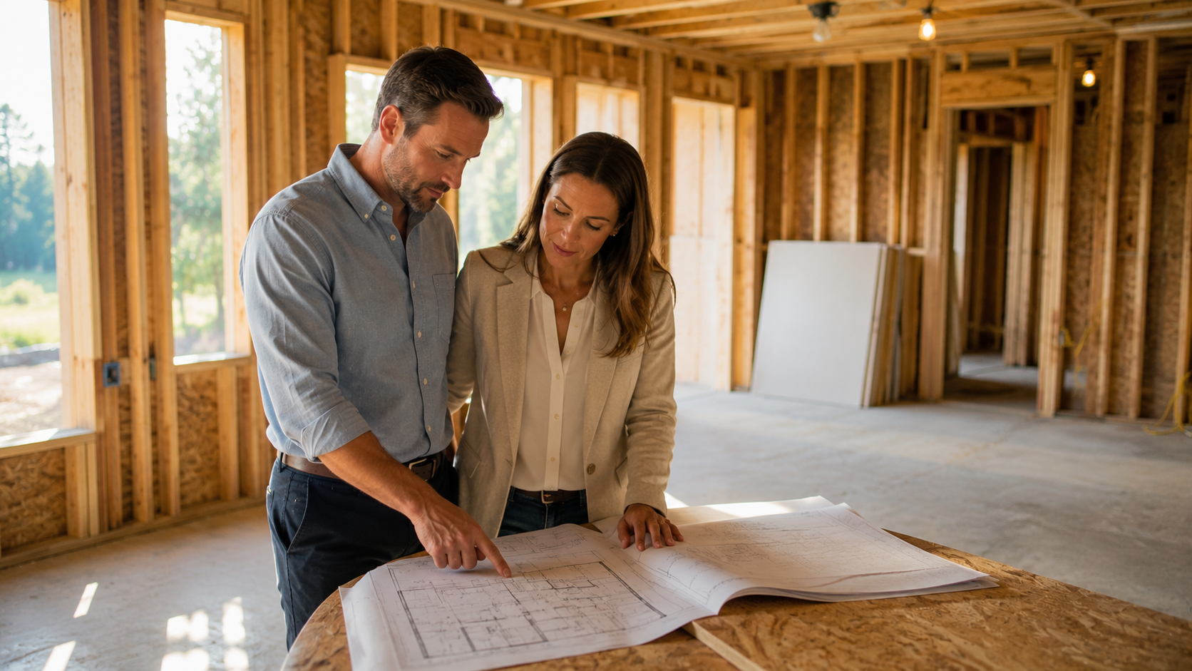 A couple reviews blueprints inside an unfinished new construction home in the Raleigh-Durham-Chapel Hill Triangle, representing the key decisions Triangle buyers navigate when purchasing a new build in North Carolina in 2026.