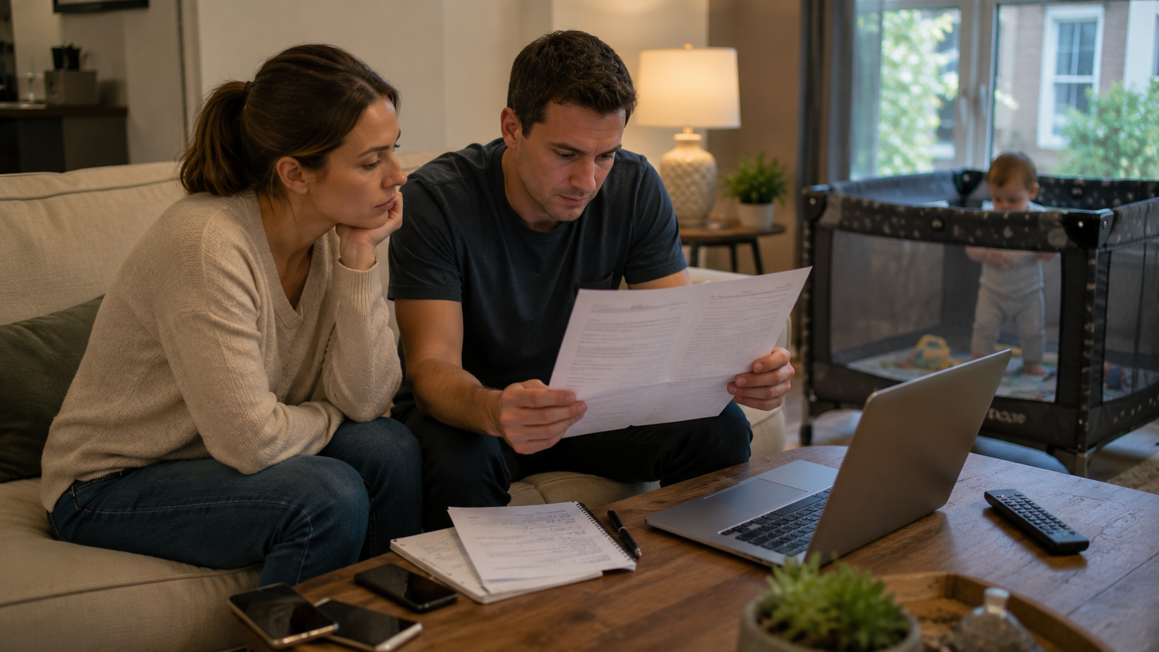 A first time buyer couple reviews an appraisal report in their living room apartment in Raleigh, NC, with a laptop and notepad visible, looking concerned as they assess their options after a low appraisal.