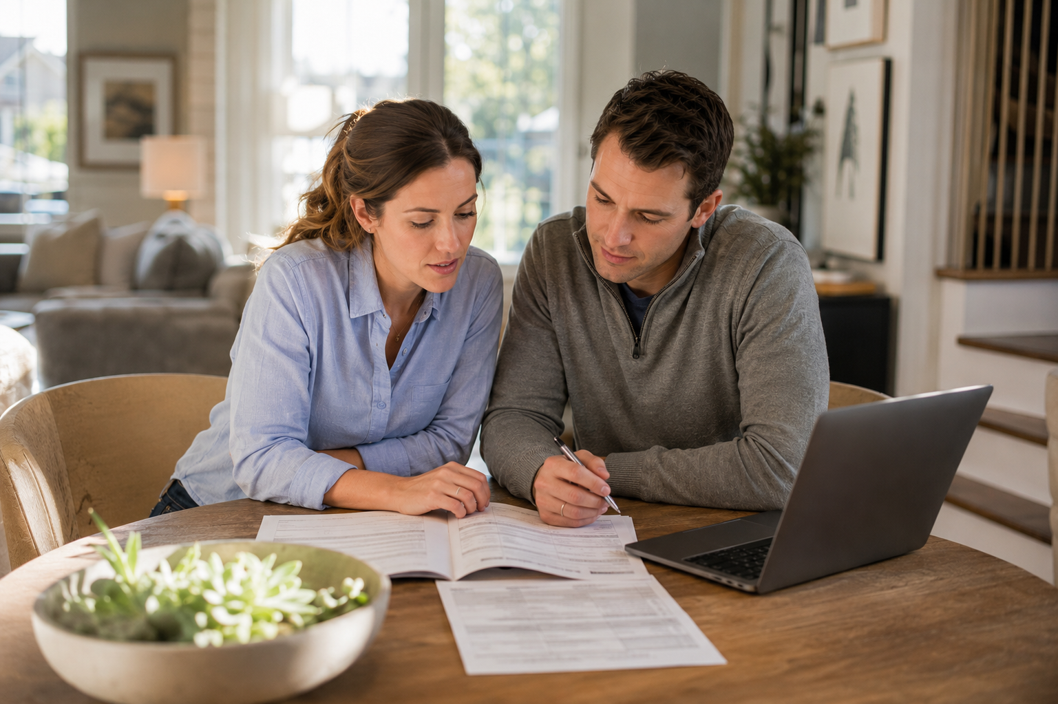 A couple reviews closing cost documents at their dining table in a Raleigh, NC home, representing Triangle buyers navigating NC closing costs and Loan Estimate paperwork in 2026.