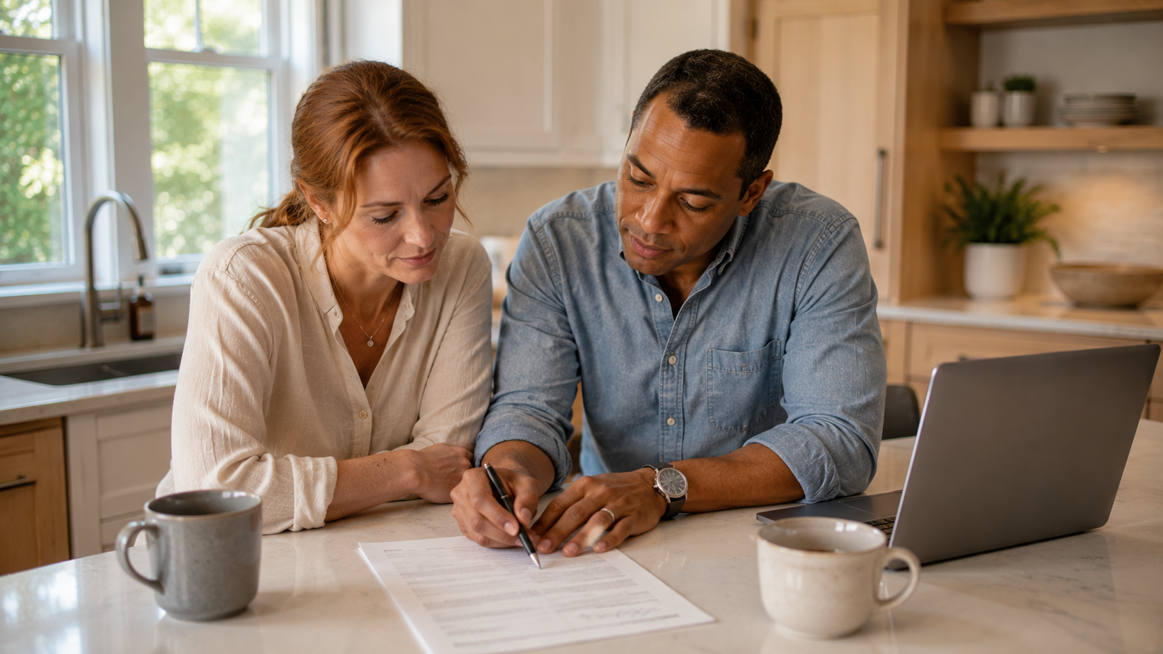 A couple reviews a real estate contract in their Raleigh, NC kitchen after having an offer accepted, representing Triangle buyers navigating the North Carolina under-contract process and Due Diligence Period.