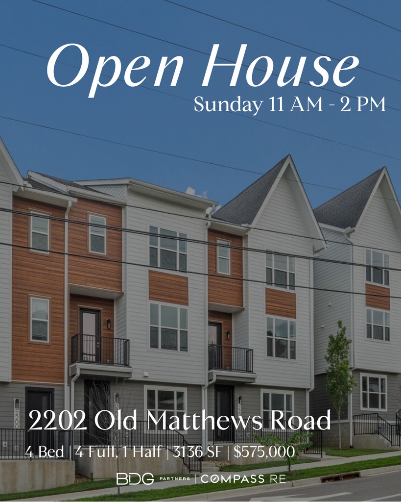 BDG Partners open house card for 2202 Old Matthews Road, a modern townhome in Nashville TN 37207