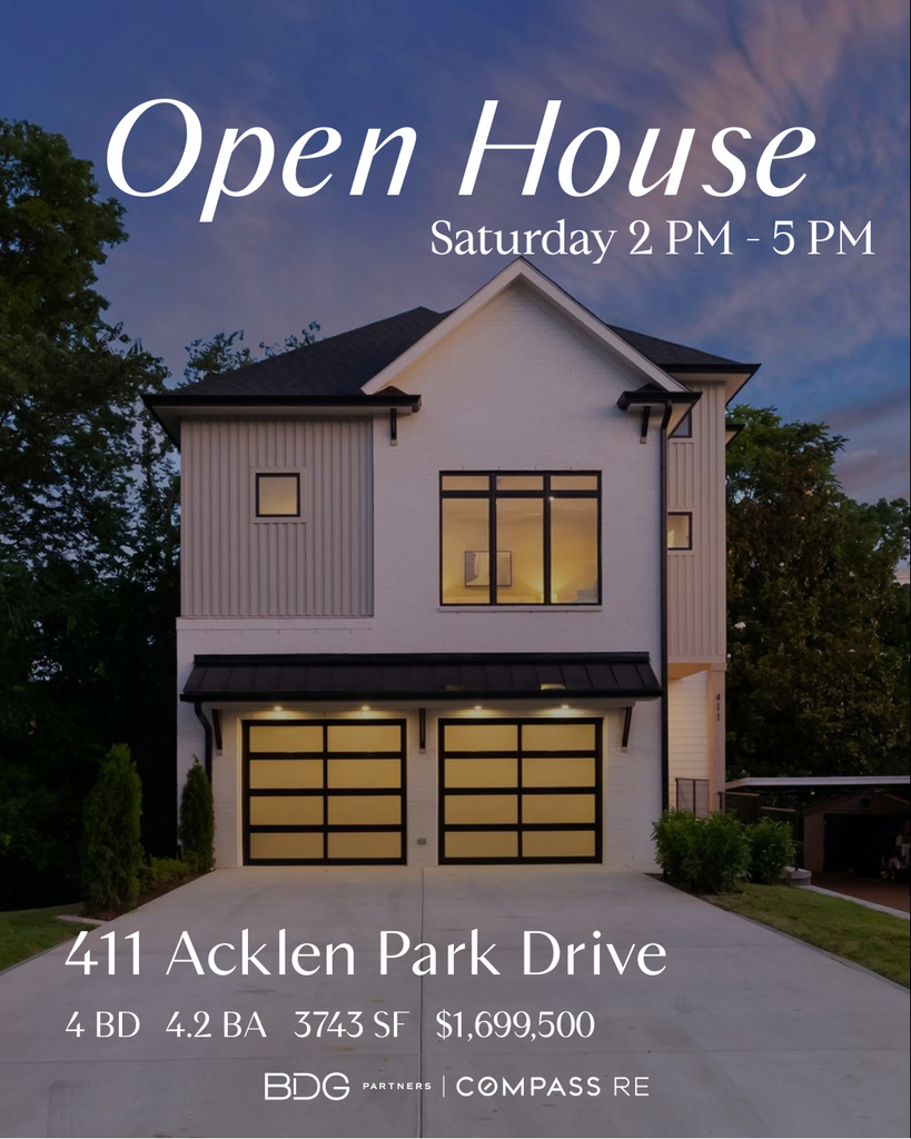 BDG Partners open house card for 411 Acklen Park Drive, a luxury new construction home in Nashville TN 37205
