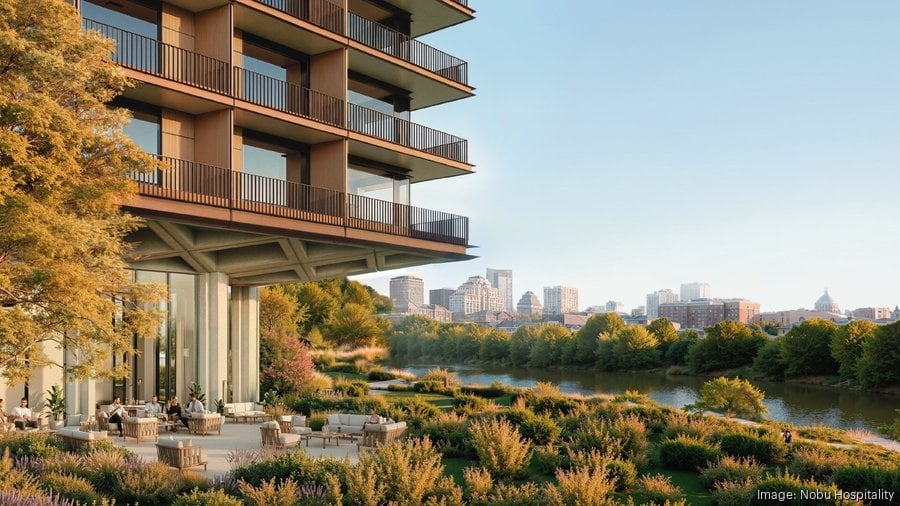Architectural rendering of Nobu Hotel Nashville along the East Bank riverfront in the River North district
