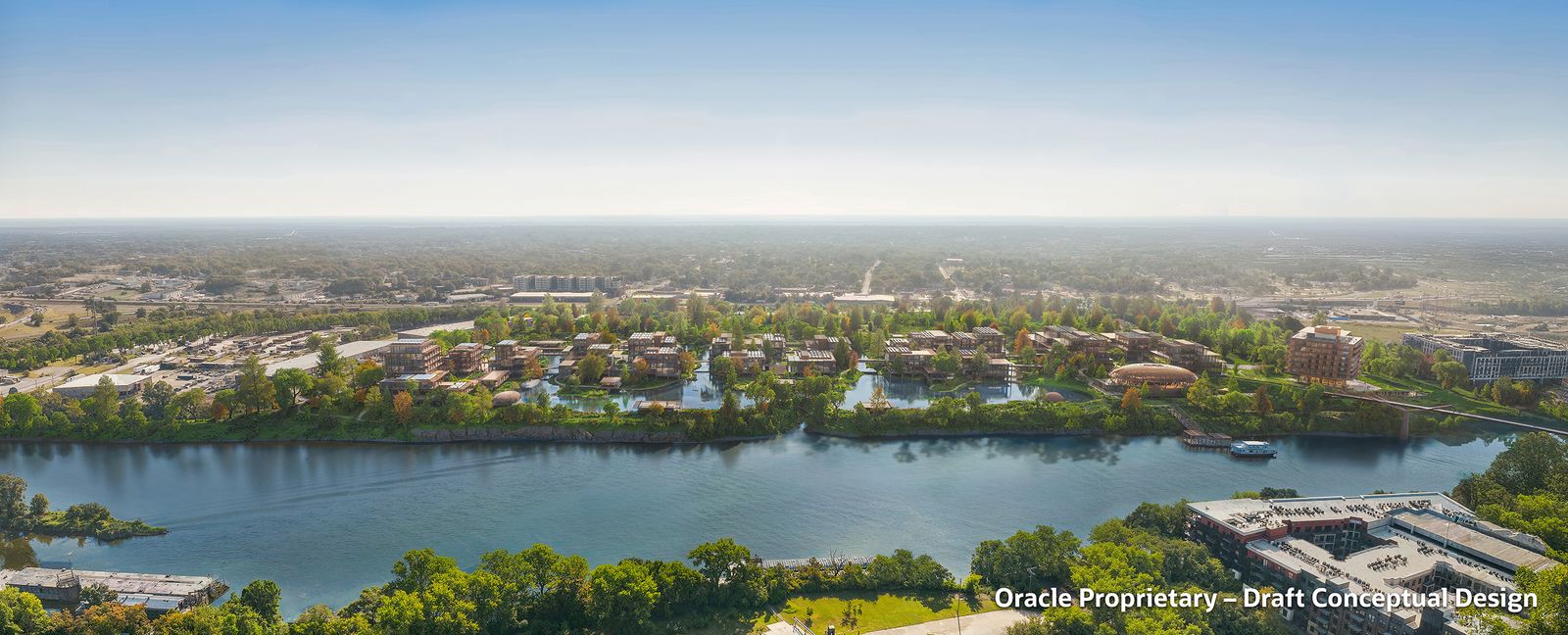 Aerial conceptual rendering of the Oracle Nashville campus along the Cumberland River in the River North district