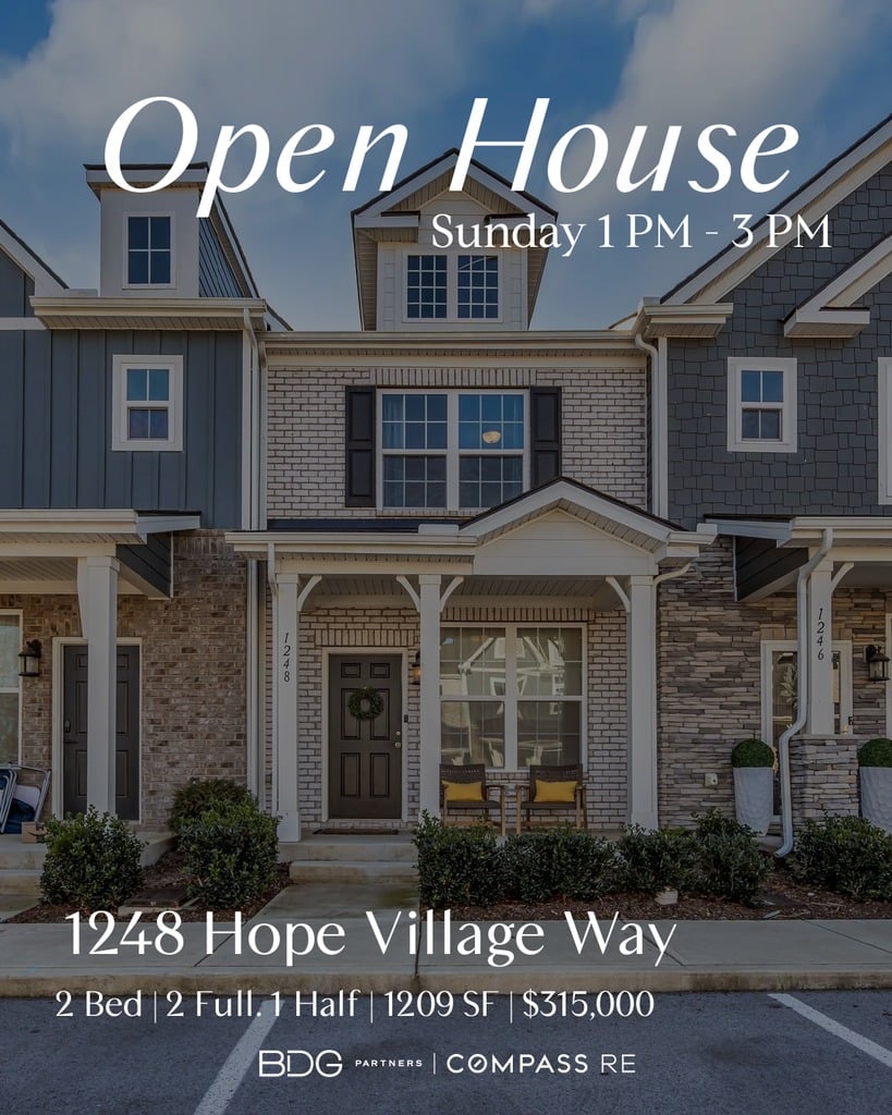 Open house Sunday 1 to 3 PM at 1248 Hope Village Way Hermitage TN 2 bed 2 bath 1209 square feet $315,000 BDG Partners Compass