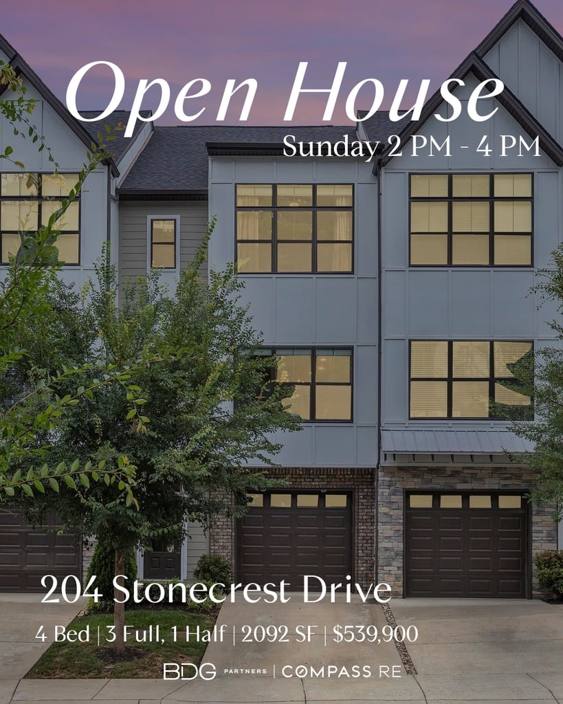 Open house Sunday 2 to 4 PM at 204 Stonecrest Drive Nashville TN 4 bed 3 bath 2092 square feet $539,900 BDG Partners Compass