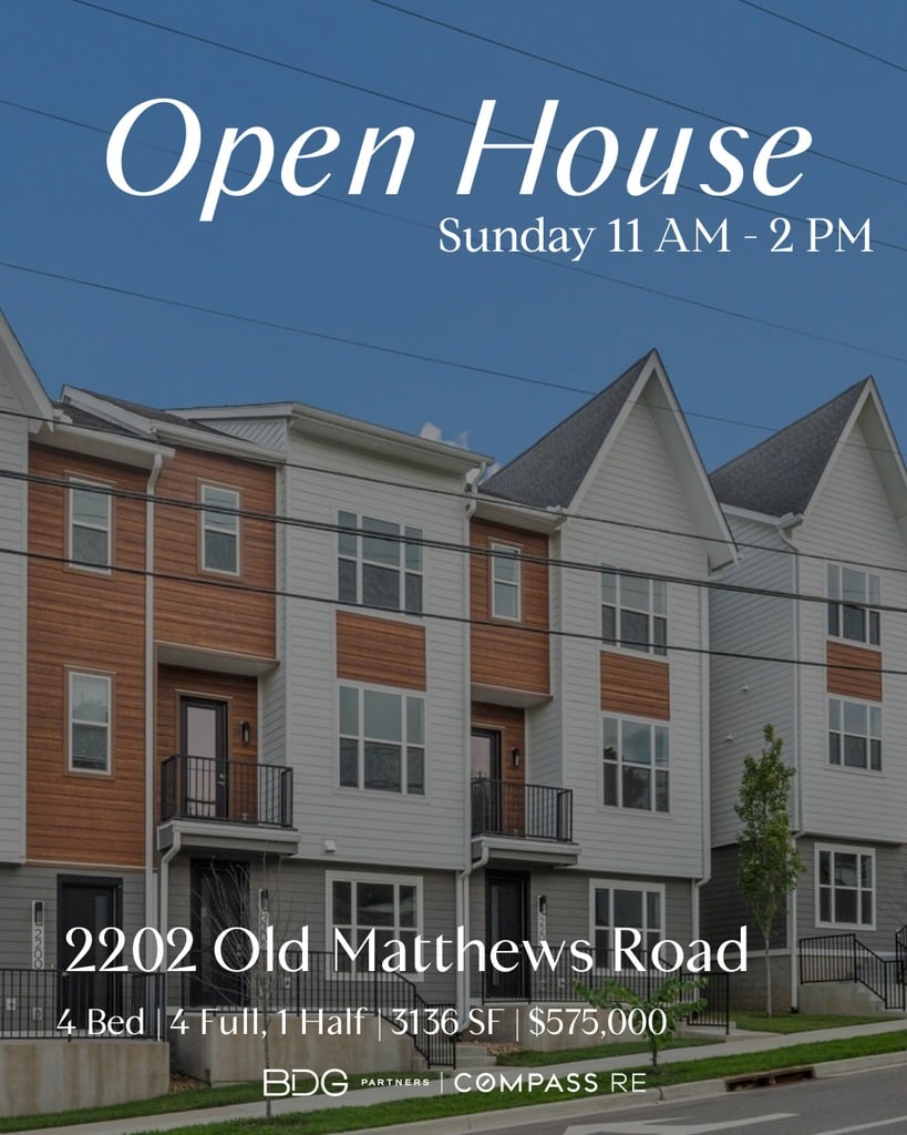 Open house Sunday 11 AM to 2 PM at 2202 Old Matthews Road Nashville TN 4 bed 4 bath 3136 square feet $575,000 BDG Partners Compass