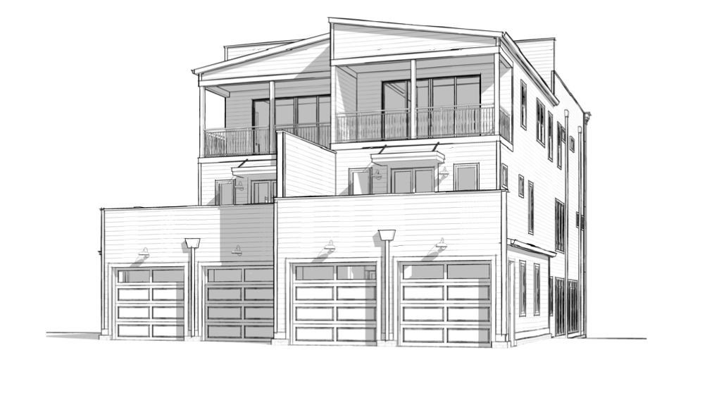 Architectural rendering of shovel-ready urban infill homes at 3109 Belwood Drive, Nashville TN, featuring rooftop entertaining level and garages