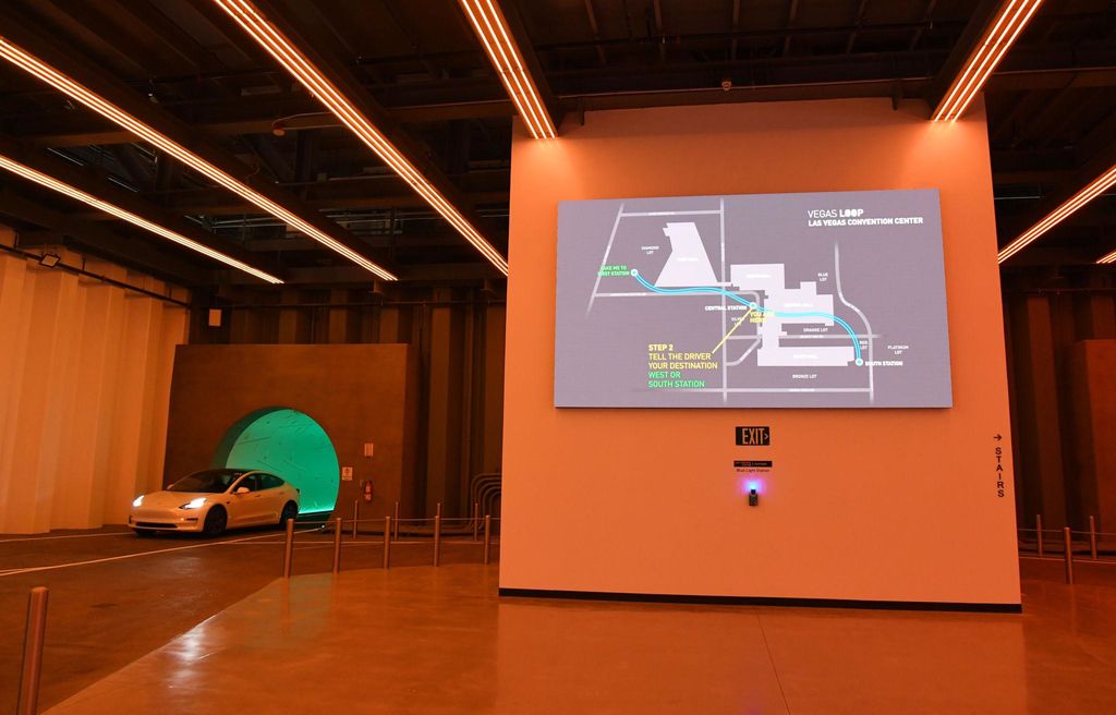 Tesla vehicle and Vegas Loop route map inside the Las Vegas Convention Center Loop station by The Boring Company