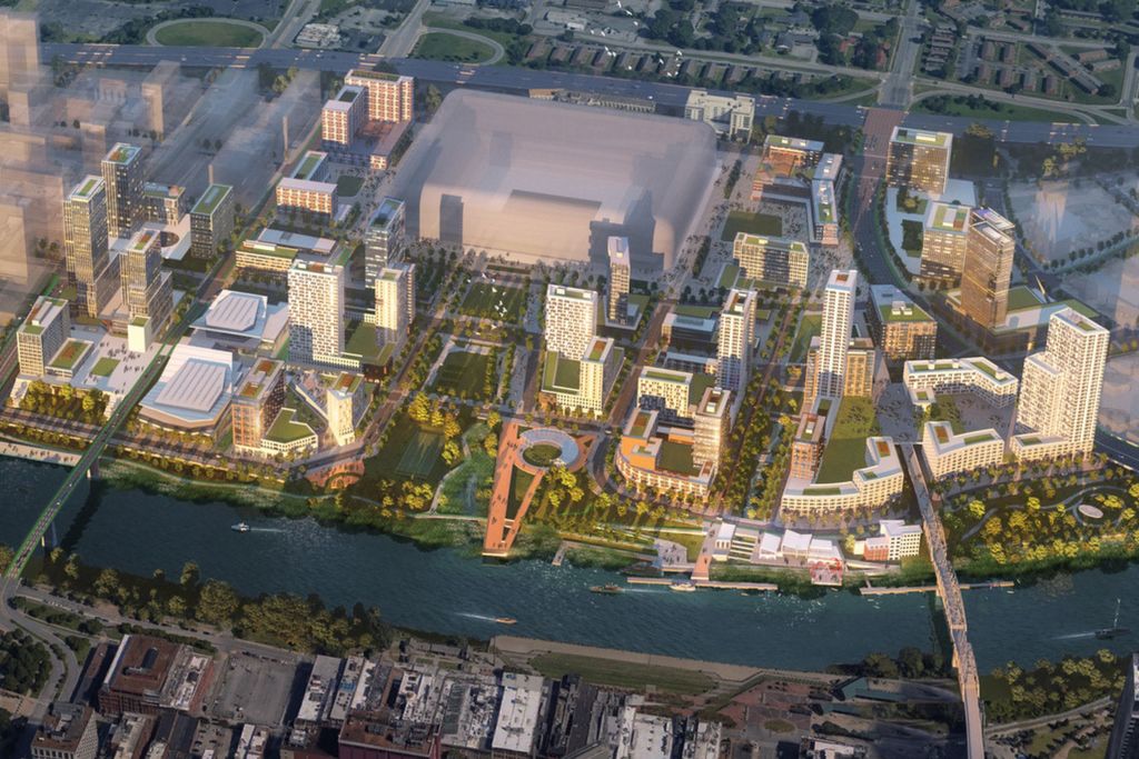 erial rendering of Nashville's East Bank redevelopment along the Cumberland River, showing proposed mixed-use residential towers, riverfront greenspace, and the new Tennessee Titans stadium site