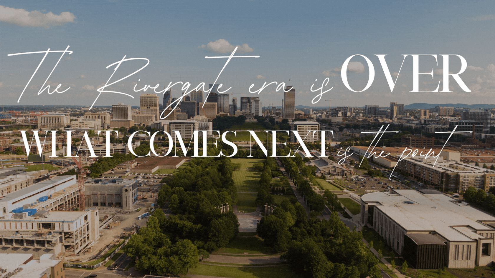 Aerial or street view of the RiverGate Mall site in Nashville Tennessee along Hendersonville Road, slated for redevelopment by Merus in 2026 into a mixed-use neighborhood with townhomes, restaurants, and green space