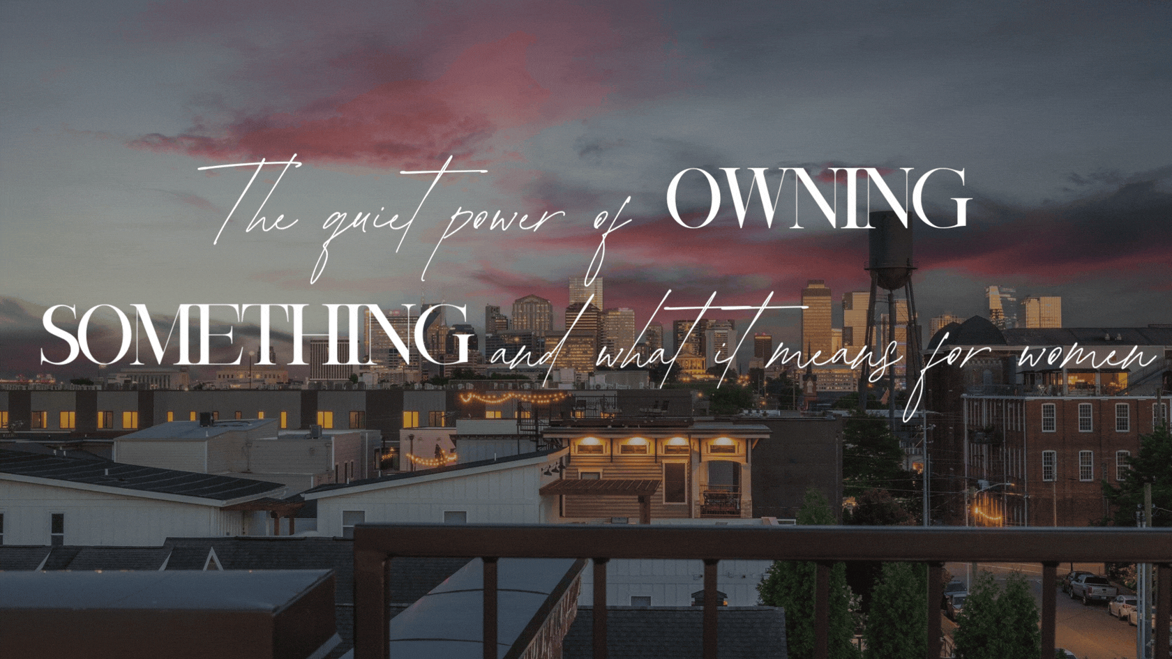 Nashville skyline at sunset viewed from a rooftop in a residential neighborhood near downtown