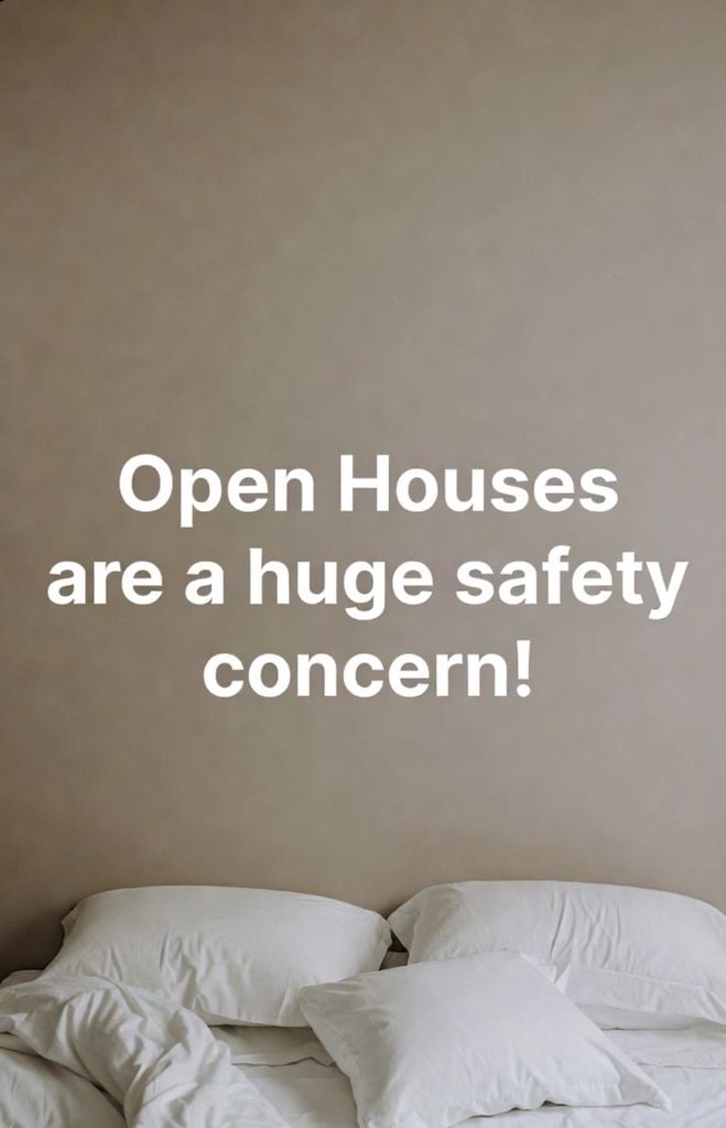 Text graphic reading "Open Houses are a huge safety concern" over a neutral bedroom backdrop — security risks for Nashville home sellers