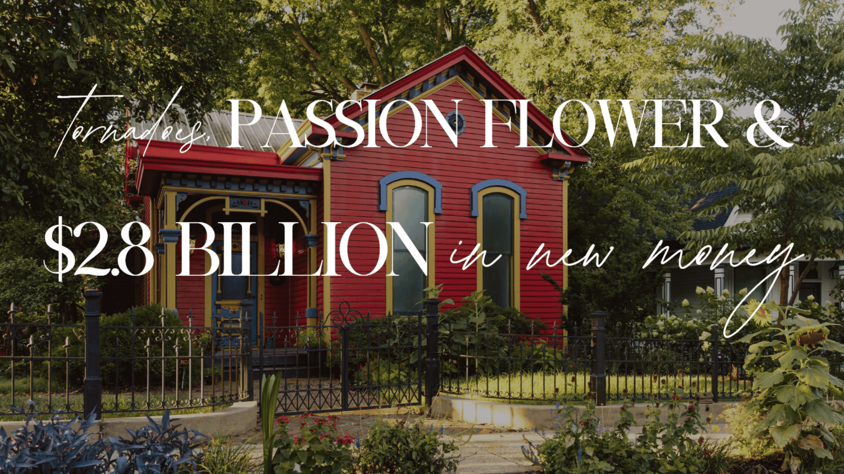 Colorful red Victorian historic home with ornate yellow and blue trim, wrought iron fence, and lush spring garden in East Nashville Tennessee, featured image for BDG Download April 2026