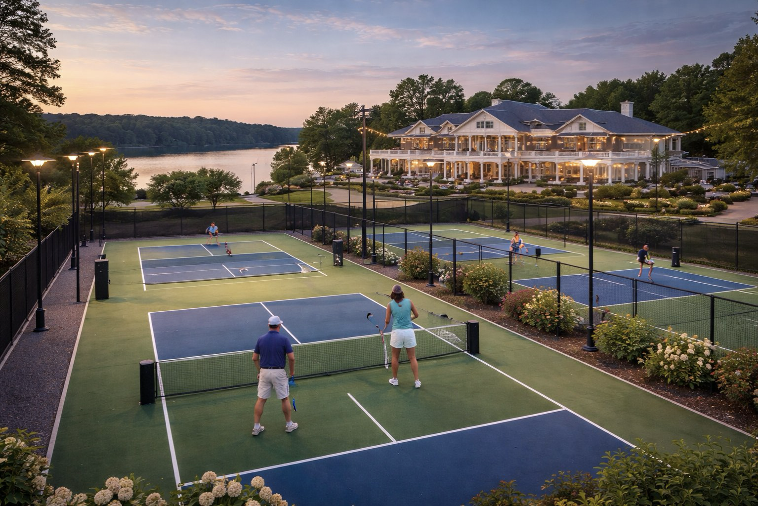 Members playing pickleball at dusk at Grasslands Club in Gallatin TN with the renovated clubhouse and lake visible in the background