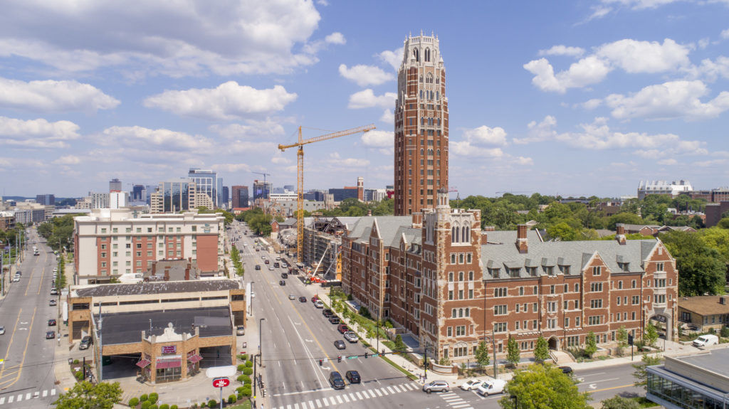 Aerial view of Vanderbilt University tower and West End Avenue corridor in Nashville TN