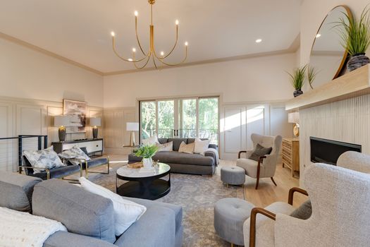 Living room with vaulted ceiling and linear gas fireplace at 720 Adkisson Ln, Nashville 37205