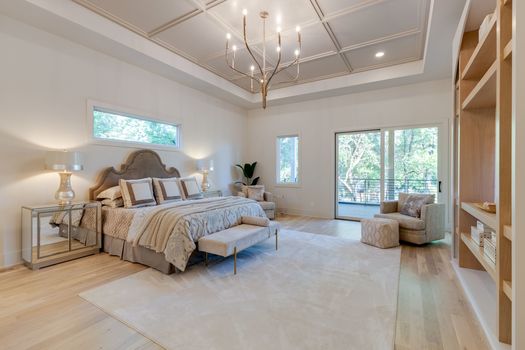 Primary bedroom with coffered ceiling and White Oak floors at 720 Adkisson Ln, Nashville 37205