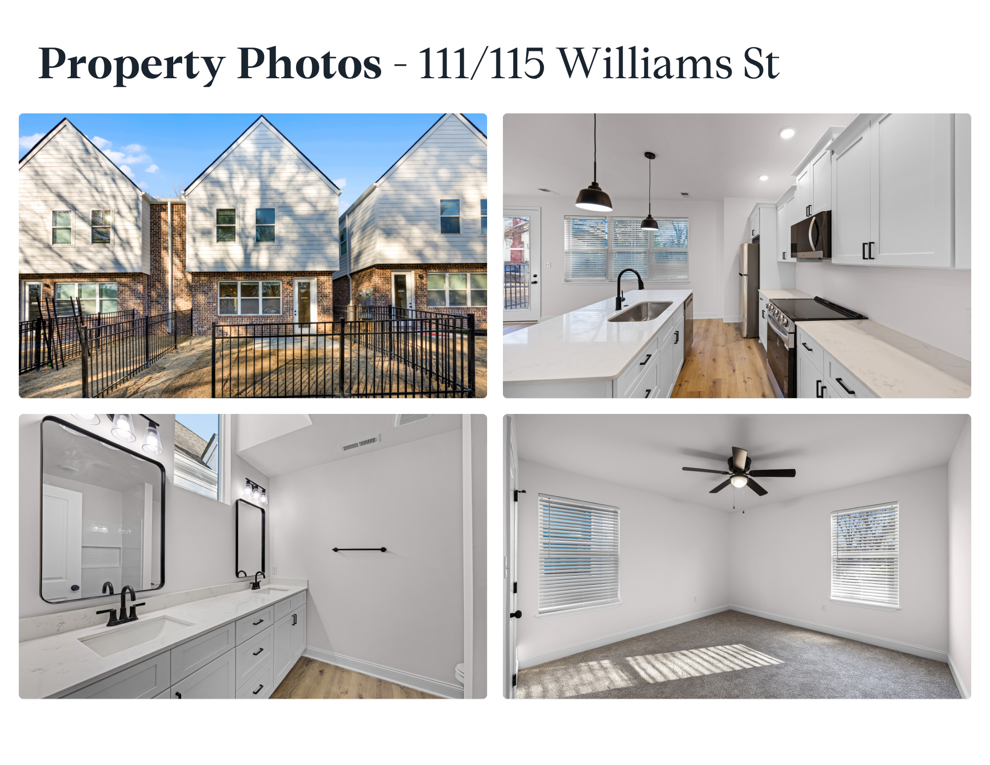 111 and 115 Williams St Jackson TN — brick 3BR/2.5BA rental townhomes, kitchen and double-vanity bath, 38301