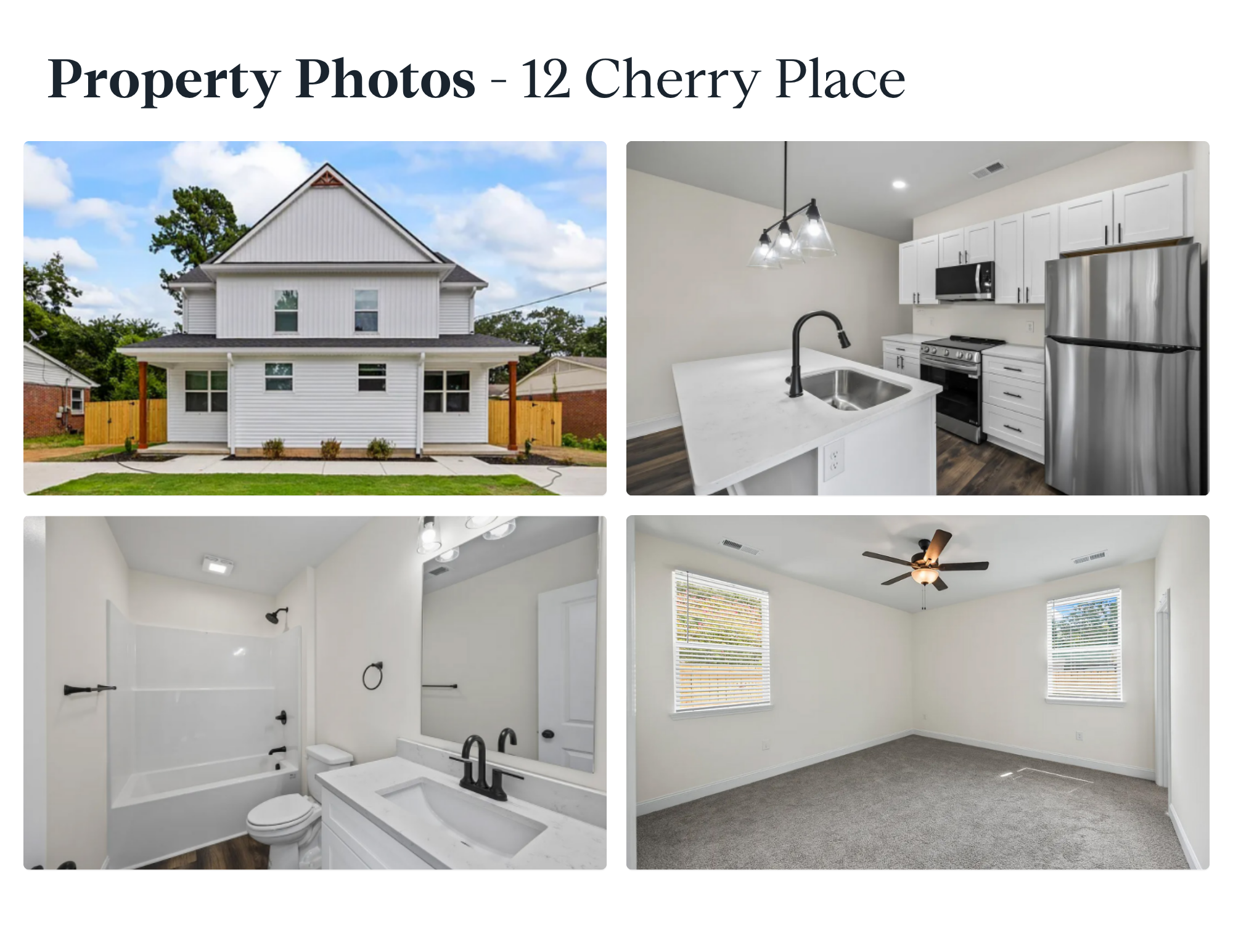 12 Cherry Place Jackson TN — 3BR/2.5BA A&B duplex exterior, kitchen, bath, bedroom in 38301