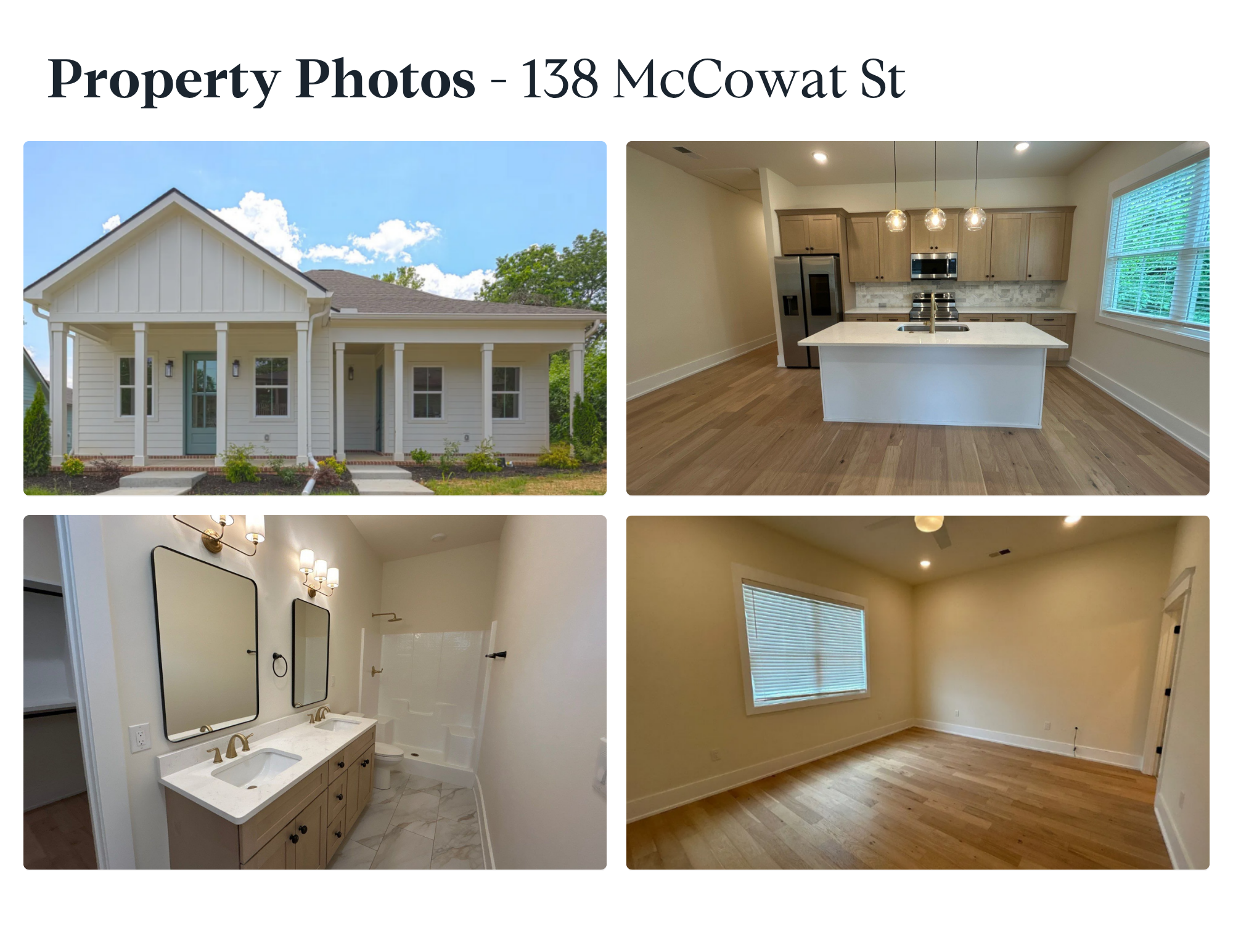 138 McCowat St Jackson TN — white cottage 3BR/2.5BA, island kitchen, double-vanity bath, 38301 rental