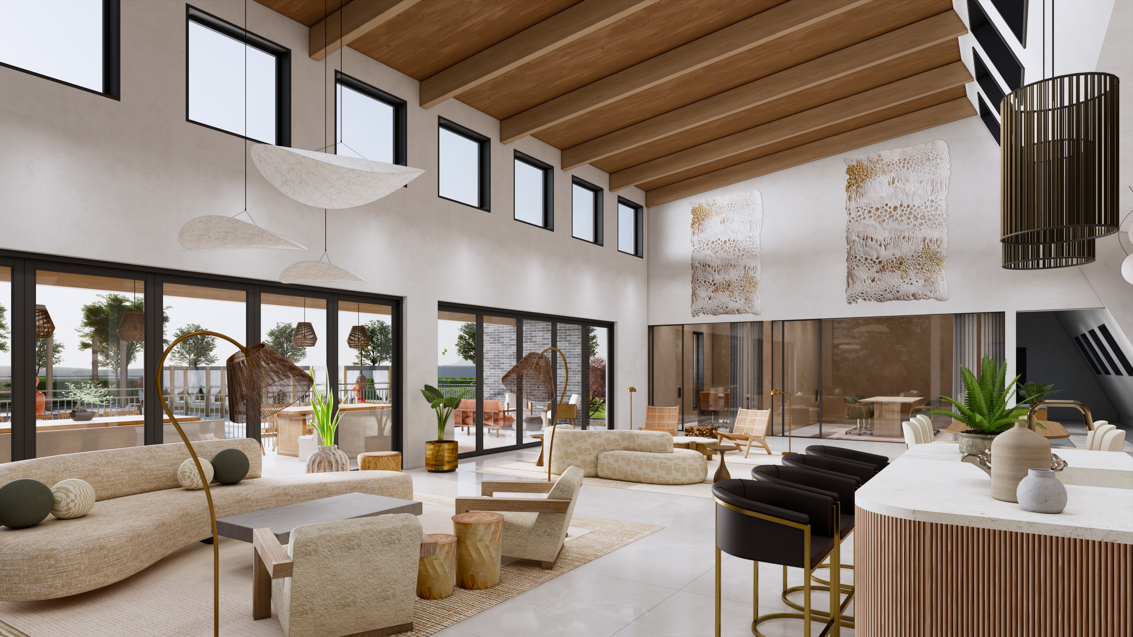 Sunlit great room inside the Community Haus at Solaya at The Lanes, a North Nashville wellness community, with vaulted wood ceilings and pool-terrace views