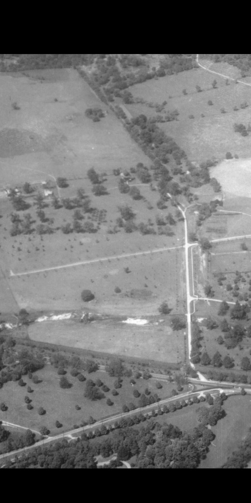 Close aerial survey of the H.G. Hill property driveway and grounds, late 1930s