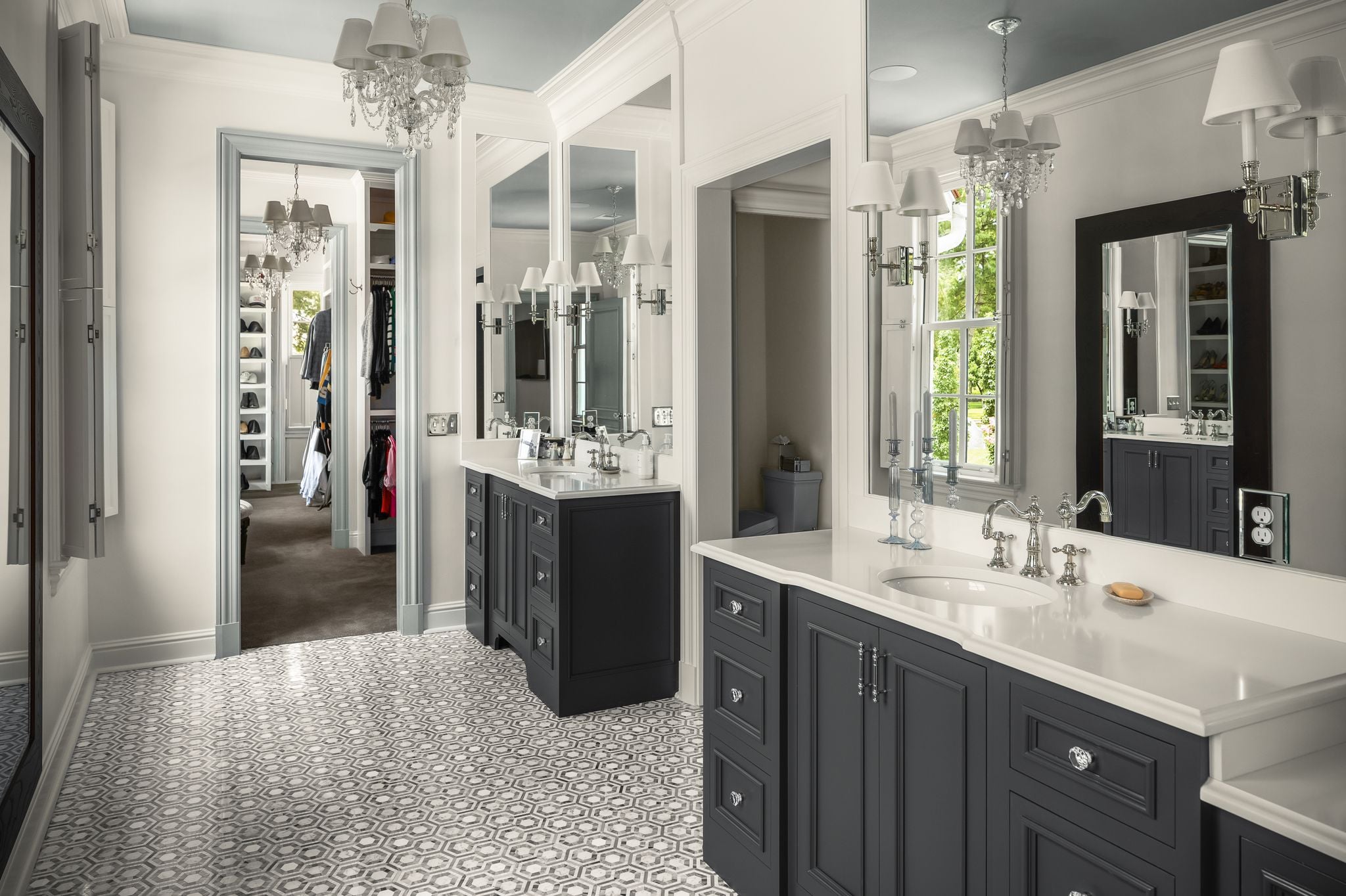 Primary suite marble bath with dual vanities and geometric tile floor at 4753 Post Road, Hillwood Nashville