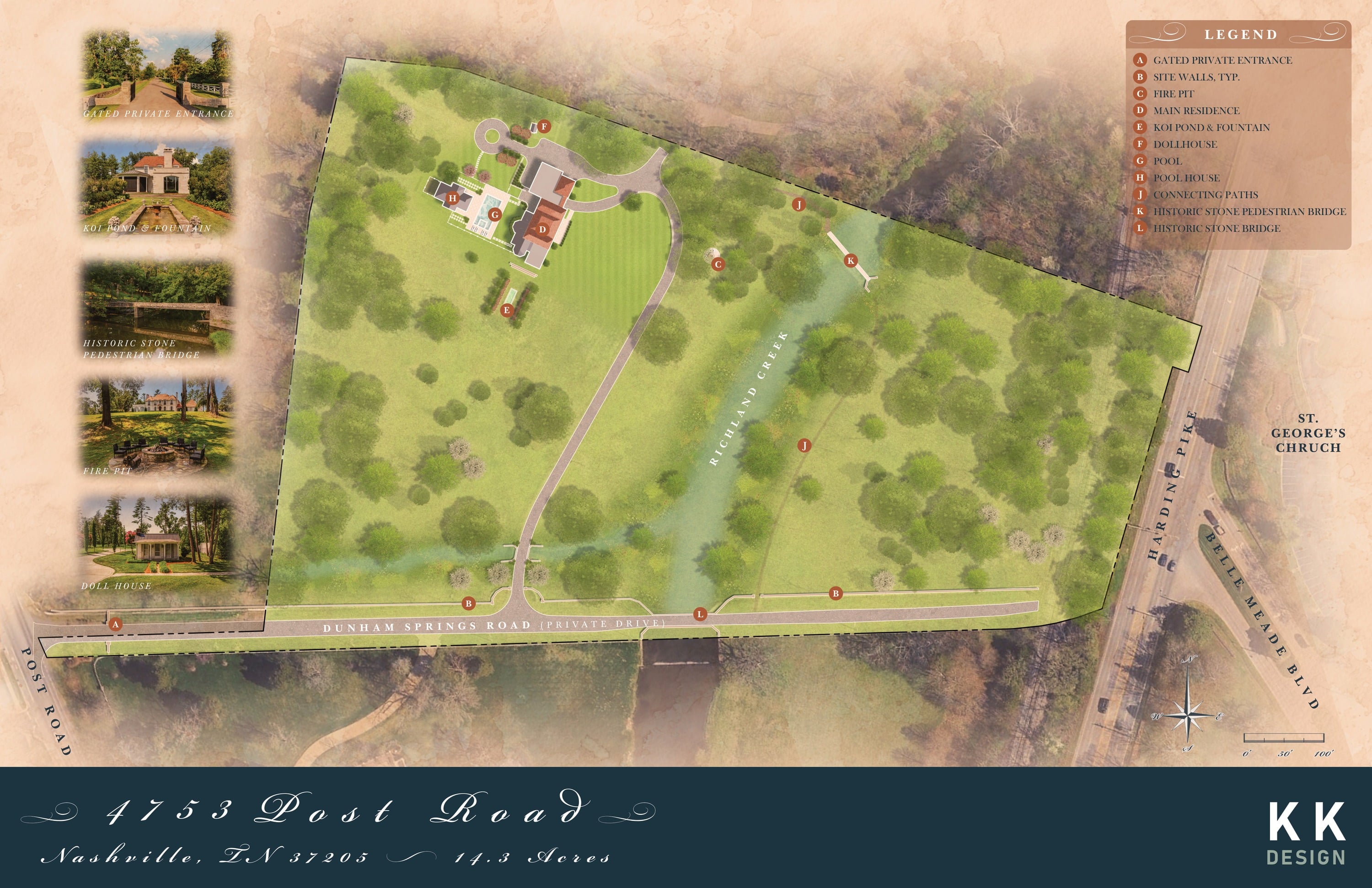 Site rendering of the 4753 Post Road estate showing the residence, drive, stone bridge, pool, gardens and great lawn over the 2021 survey