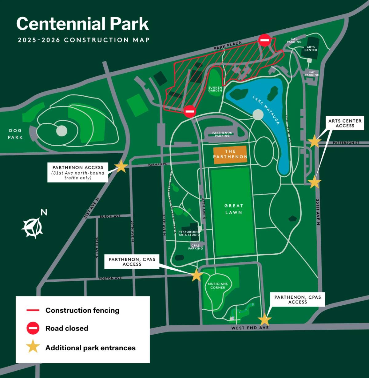 Centennial Park 2025-2026 construction map showing fencing, road closures, and park entrances