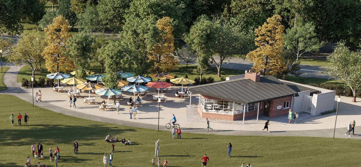 Rendering of the renovated lakefront cafe and gathering space at Centennial Park in Nashville
