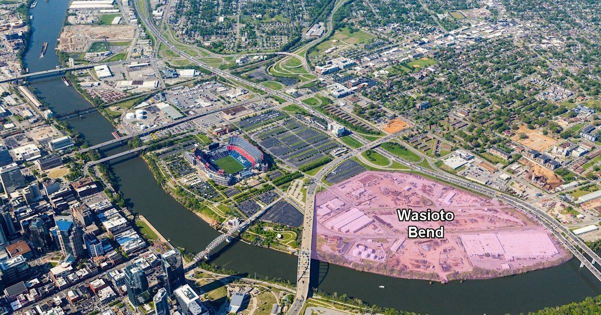 Aerial view of Nashville East Bank redevelopment area along the Cumberland River