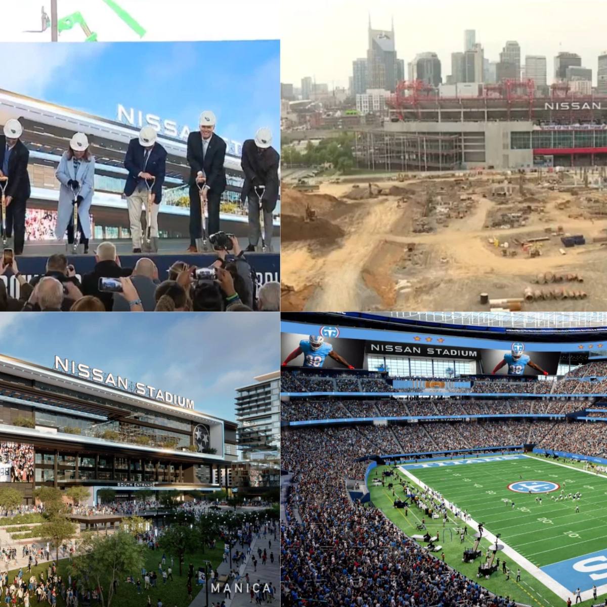 Collage showing the new Nissan Stadium construction and a packed stadium in Nashville