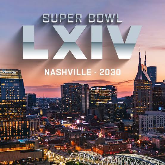 Super Bowl LXIV Nashville 2030 graphic over the Nashville skyline