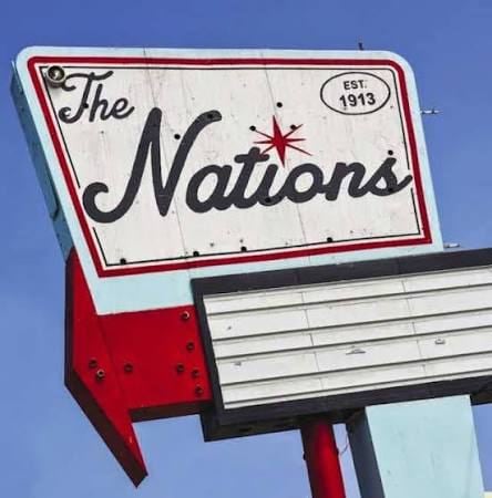 The Nations neighborhood neon sign in West Nashville