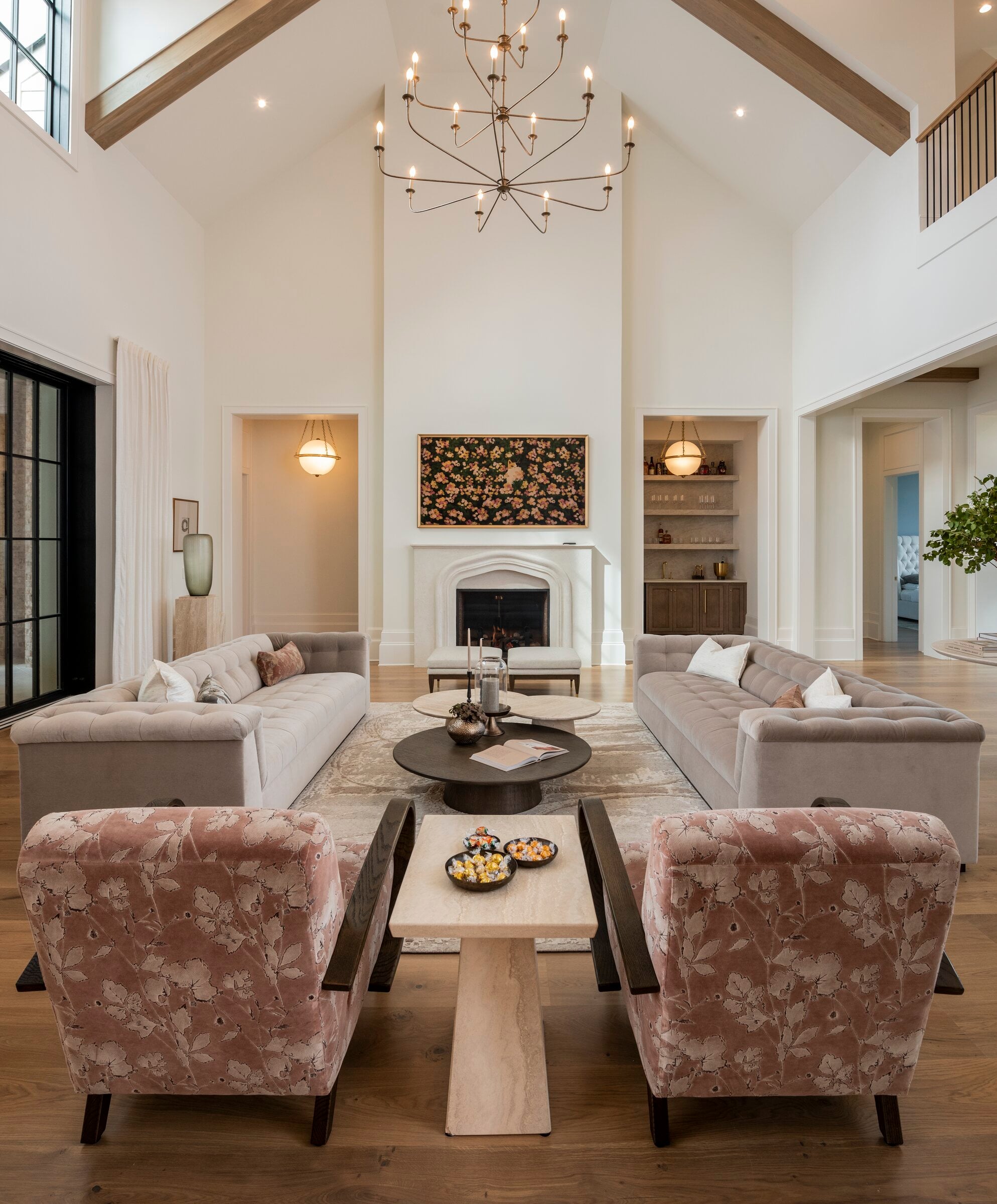 Vaulted great room with wood beams in an Eastman's Preserve home, Brentwood TN