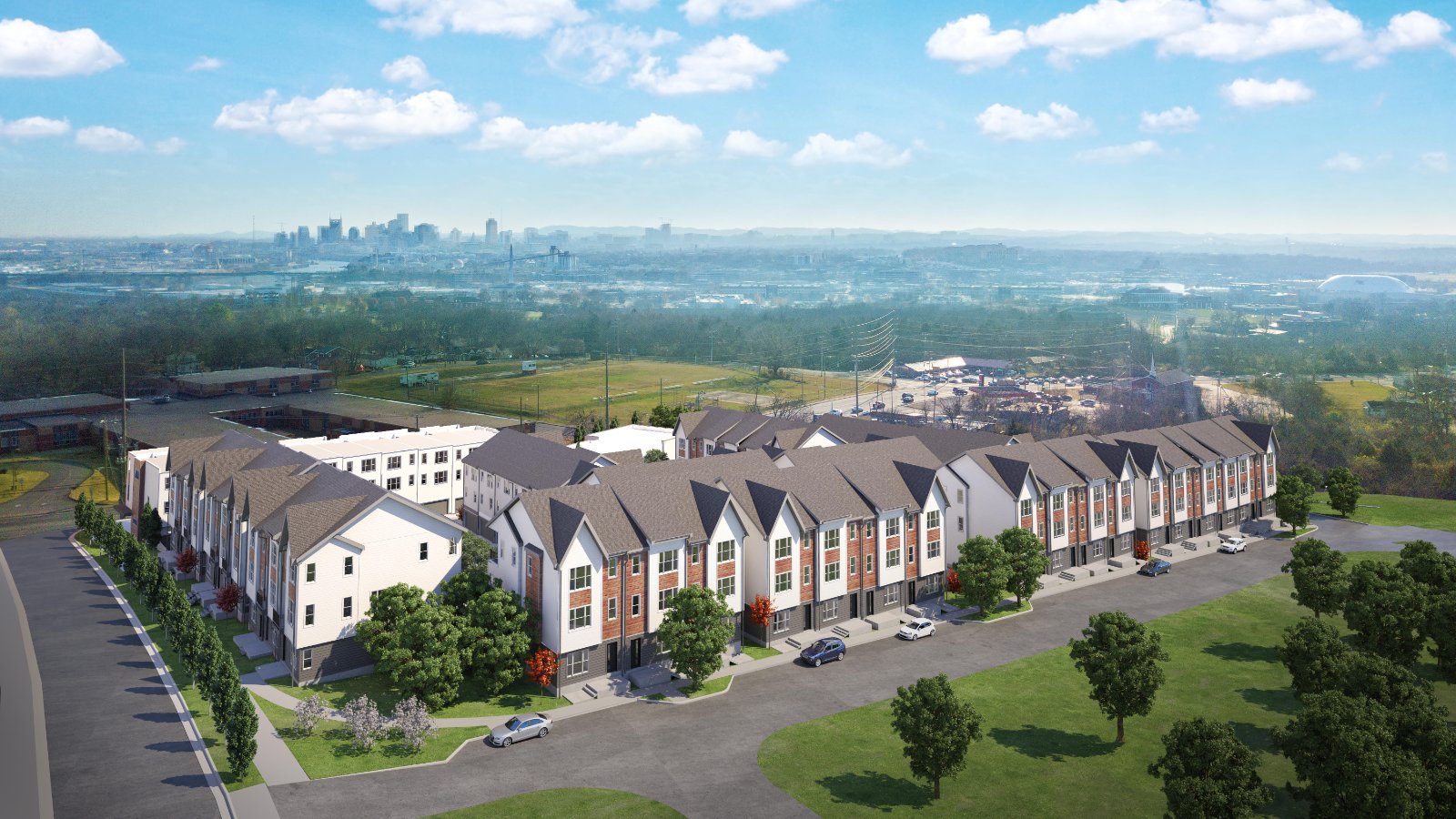 Proximity Nashville Aerial View, West Trinity Lane Aerial view of Proximity Nashville new-construction townhomes along the West Trinity Lane corridor in Nashville, TN
