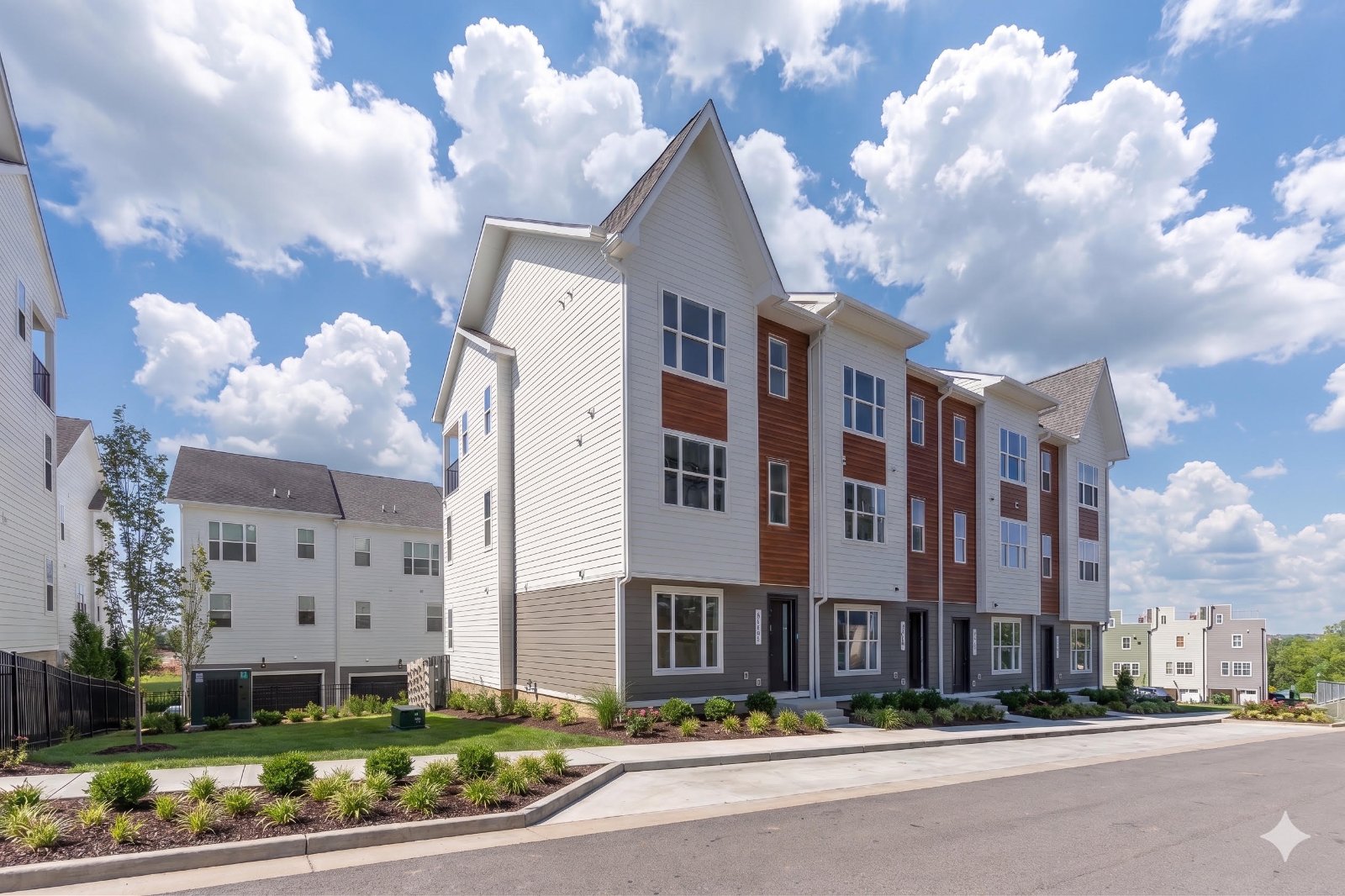 Proximity Nashville Townhome Exterior Front exterior of a Proximity Nashville townhome near West Trinity Lane, Nashville