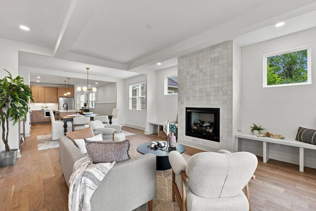 Coffered-ceiling living room with a tiled fireplace at 2915A Davis Avenue, East Nashville