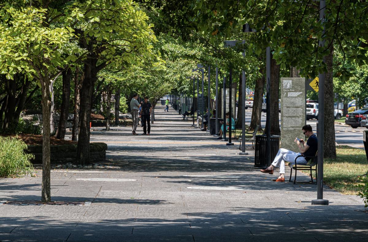 Tree-lined pedestrian walkway at Bicentennial Capitol Mall State Park, an easy walk from Historic Germantown Nashville