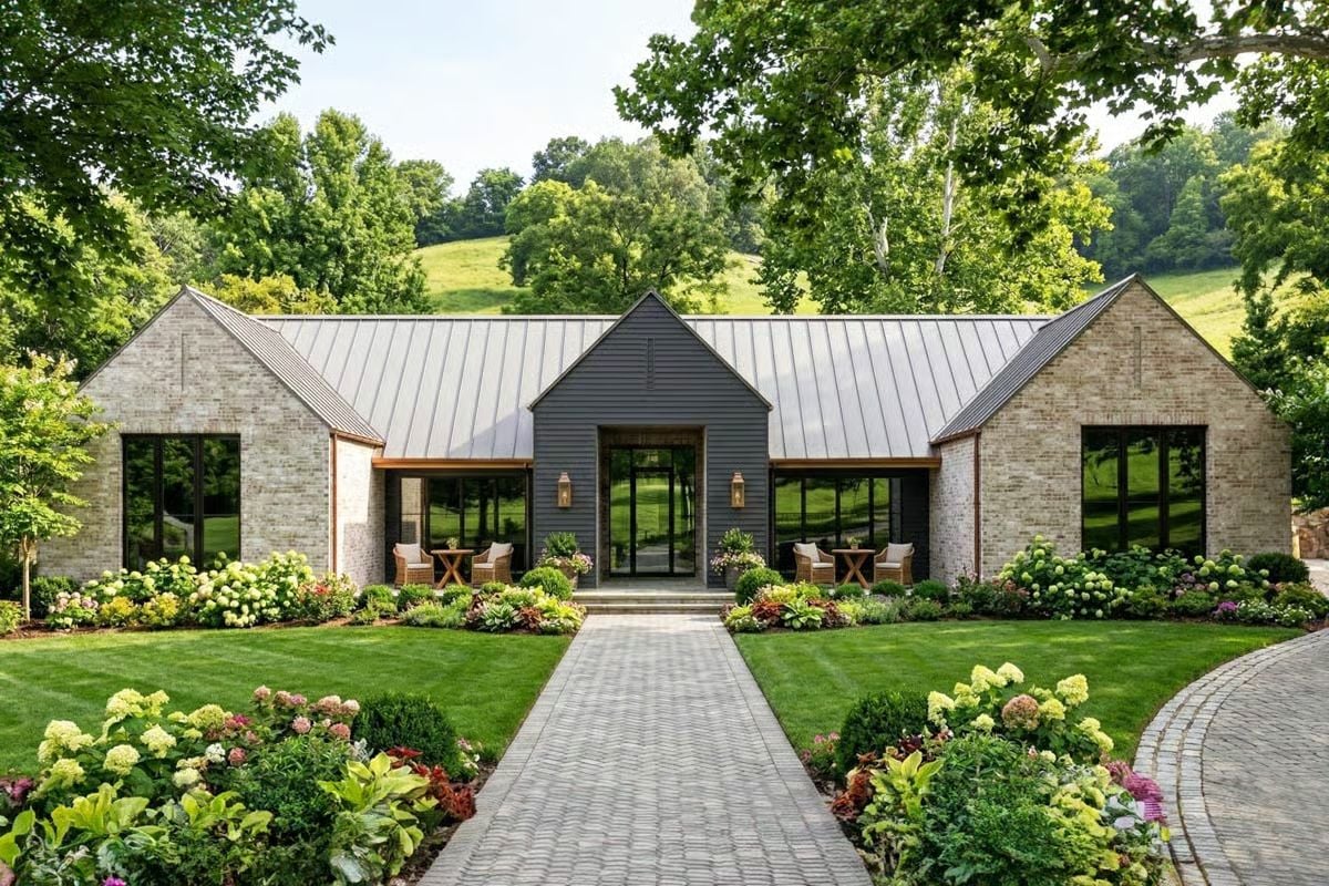 One-story stone and metal-roof luxury home with landscaped front walk, an example of main-level living in Nashville luxury real estate
