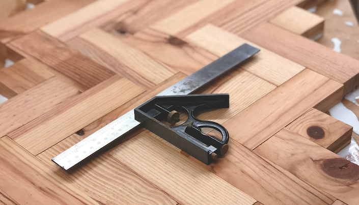 Herringbone wood floor detail in a historic Hancock Park home in Los Angeles