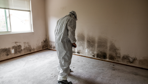 Techniciant performing mold cleanup inside a St. Augustine Florida home with visible wall contamination.