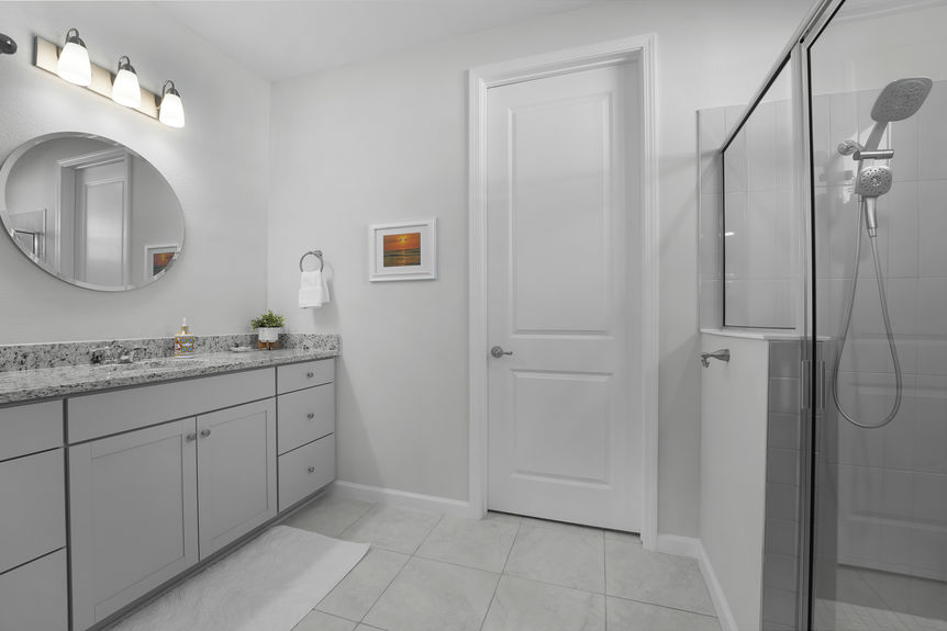 Elegant primary bathroom featuring a large walk-in shower, and modern fixtures at 50 Skyline Lane.