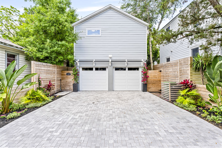Exterior view of a two-car garage with covered parking and dual street access in Lincolnville, St. Augustine