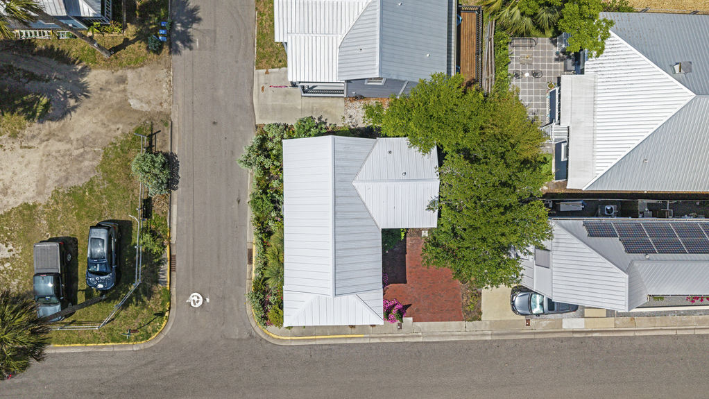 Overhead view of a restored historic home with two-story porch in Lincolnville, a downtown St. Augustine neighborhood